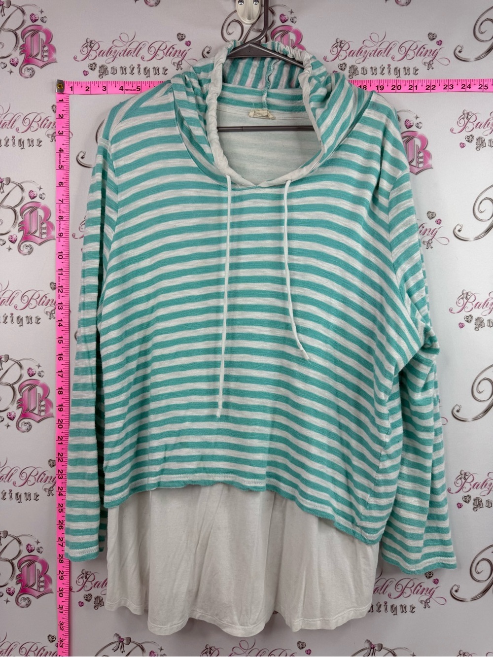 Tribal sweater hoodie pull over blue Teal and White Striped Hooded Layered Top